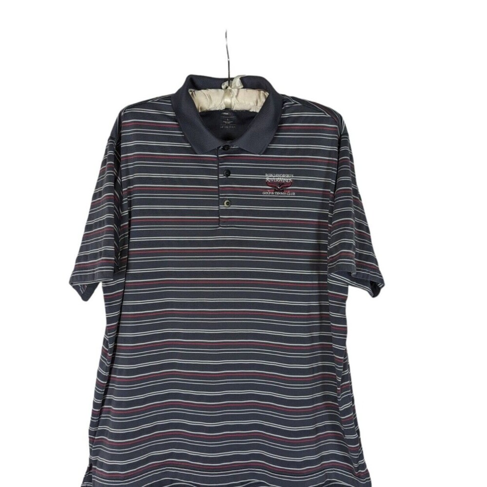 Adidas Polo L Gray Striped Climacore Ron Jaworski Riverwinds NJ Golf Tennis